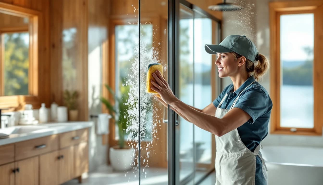 Cleaner scrubbing a glass shower enclosure streak-free in a Granbury, TX lake house bathroom with cedar wood accents and Lake Granbury visible through the window