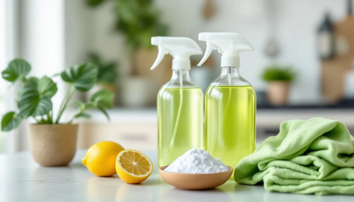 Eco-friendly cleaning supplies on a kitchen counter — glass spray bottles, lemon, baking soda, and green microfiber cloths
