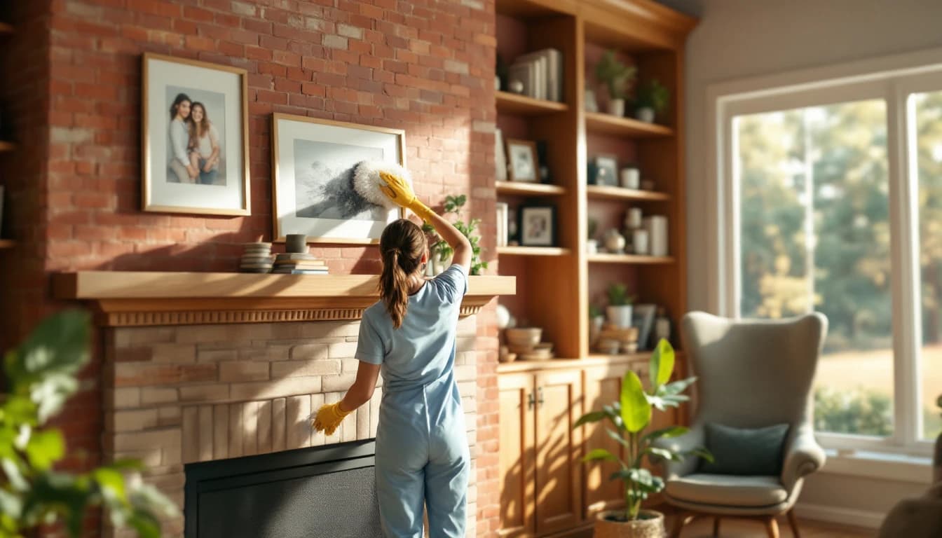 Cleaner dusting built-in shelves and a mantel in the living room of a bright brick ranch-style home in North Richland Hills, TX