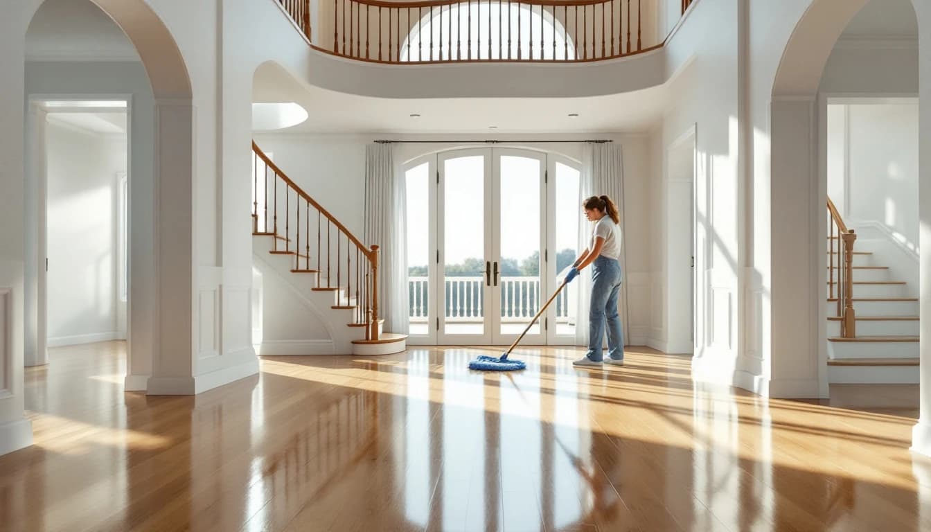 Cleaner mopping gleaming hardwood floors in a two-story entryway with a curved staircase in a Roanoke, TX home