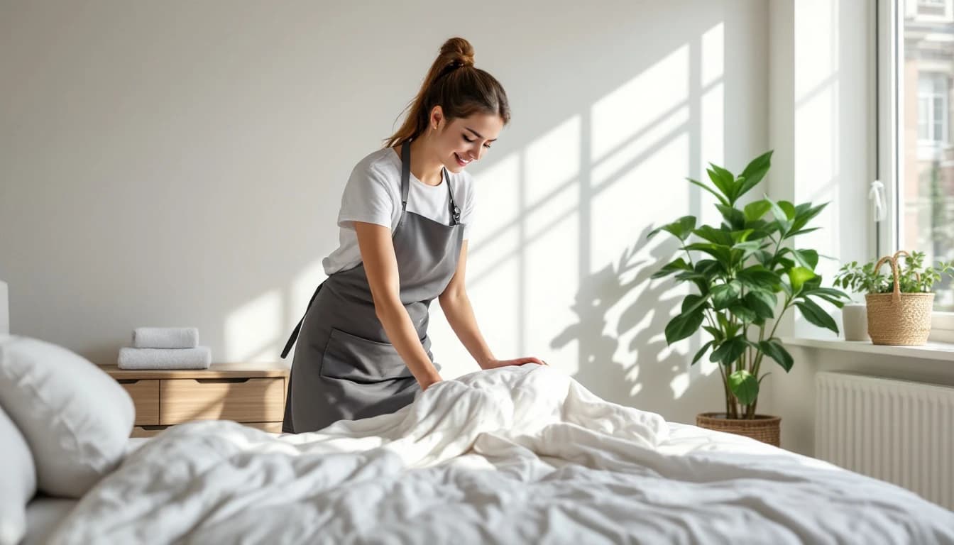 Professional Airbnb cleaner inspecting a freshly made bed with crisp white linens in a modern short-term rental bedroom in the DFW area