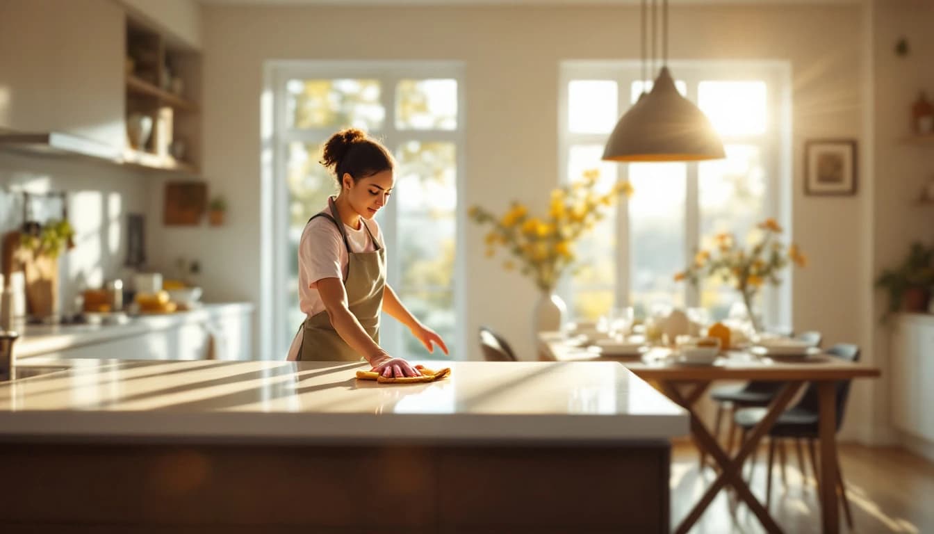House cleaner briskly wiping a large kitchen island in a Fort Worth home with dinner place settings ready at the far end in warm late-afternoon light