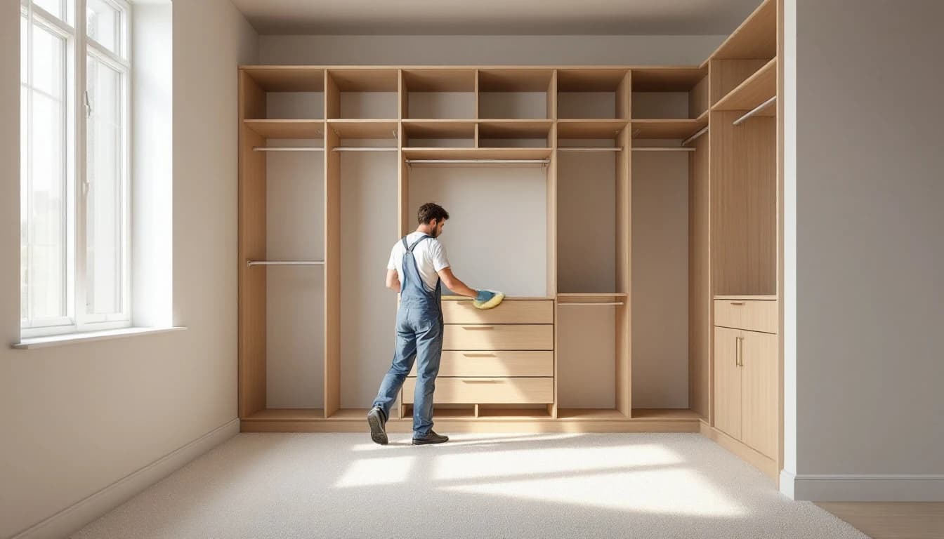 Cleaner polishing an empty walk-in closet with bare shelving in an upscale Aledo, TX home