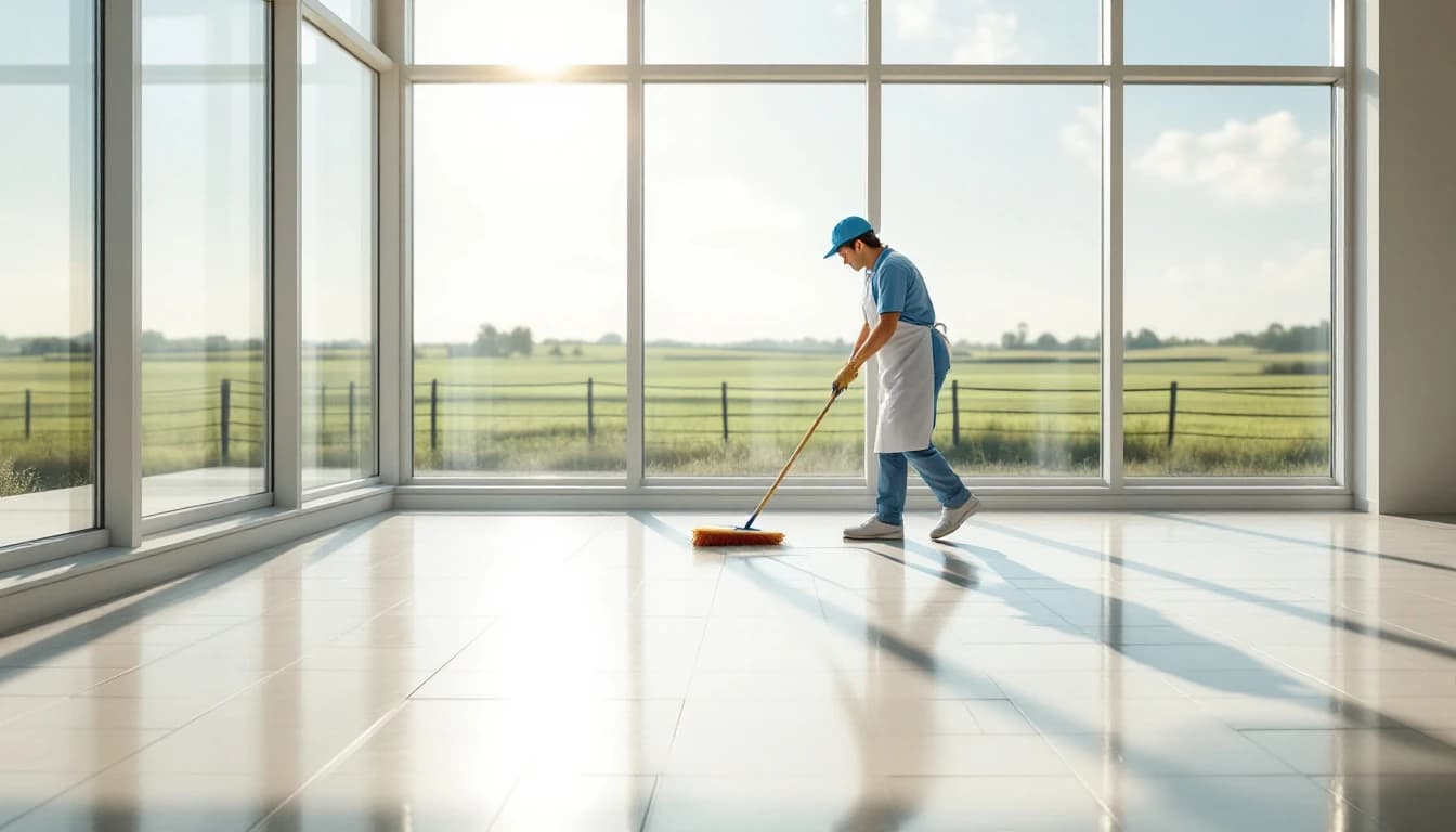 Cleaner sweeping an empty sunroom with windows overlooking open pastureland at an Annetta, TX acreage home