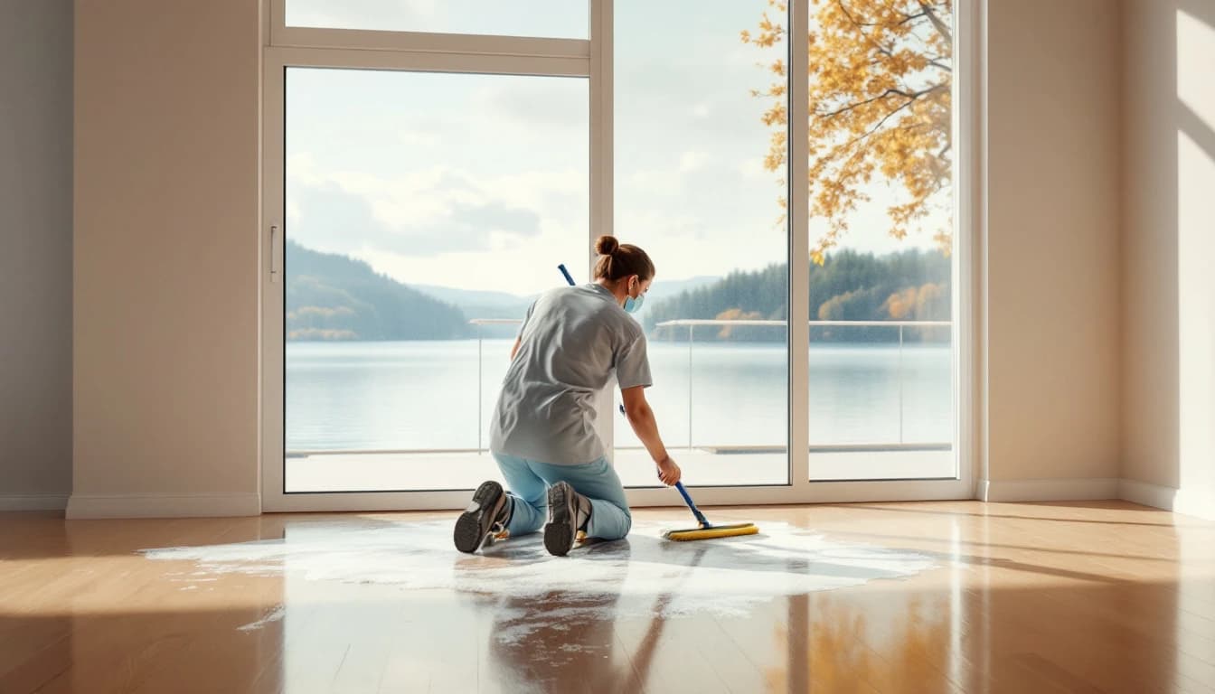 Cleaner scrubbing a sliding patio door track in an empty lakeside living room in Azle, TX