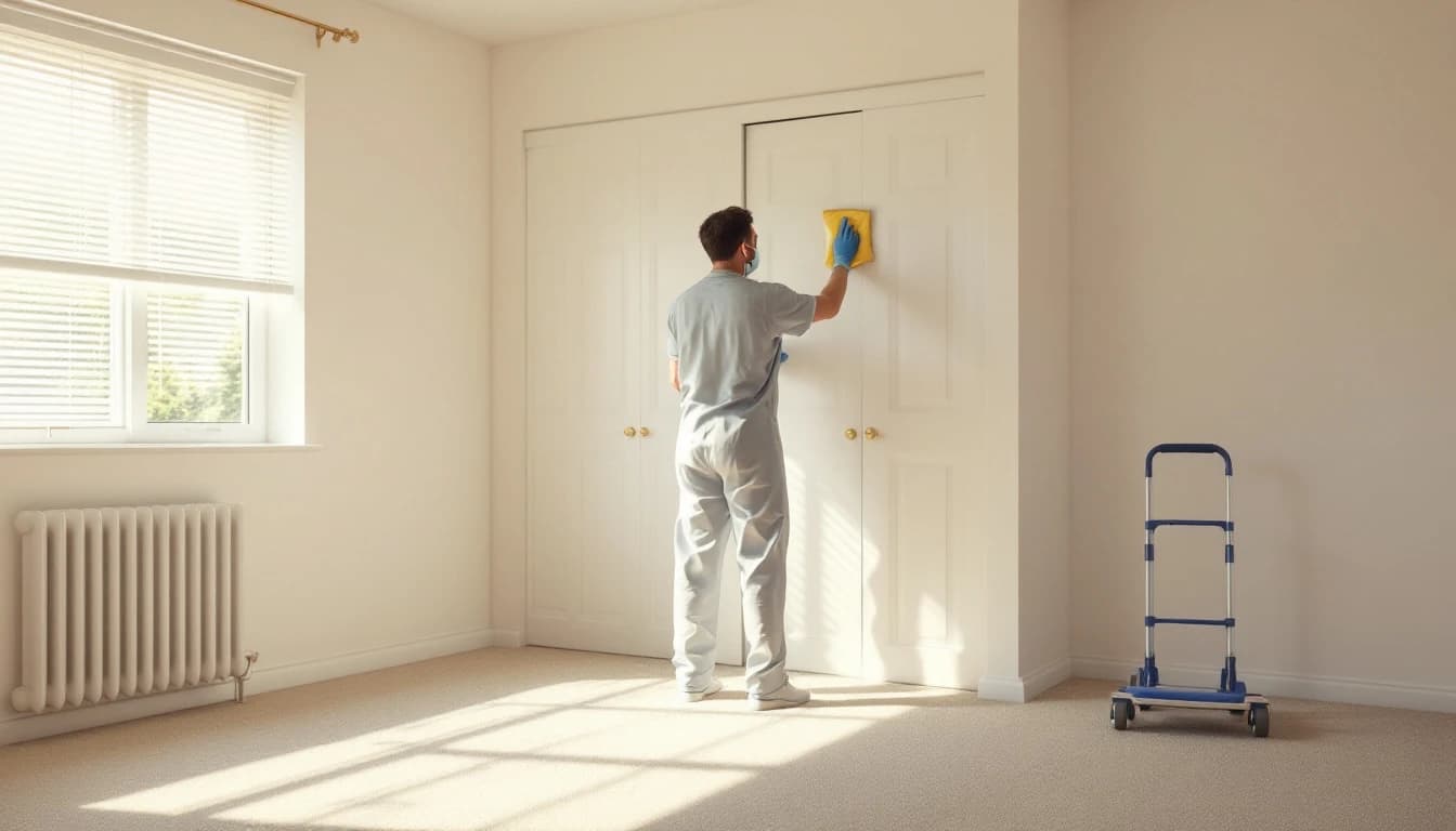 Cleaner wiping empty bedroom closet doors and window blinds in a vacated 1980s brick home in Benbrook, TX
