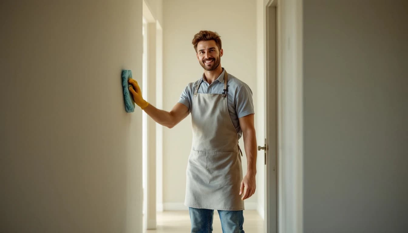 Cleaner wiping light switch plates and door handles along an empty hallway with blank walls in Blue Mound, TX