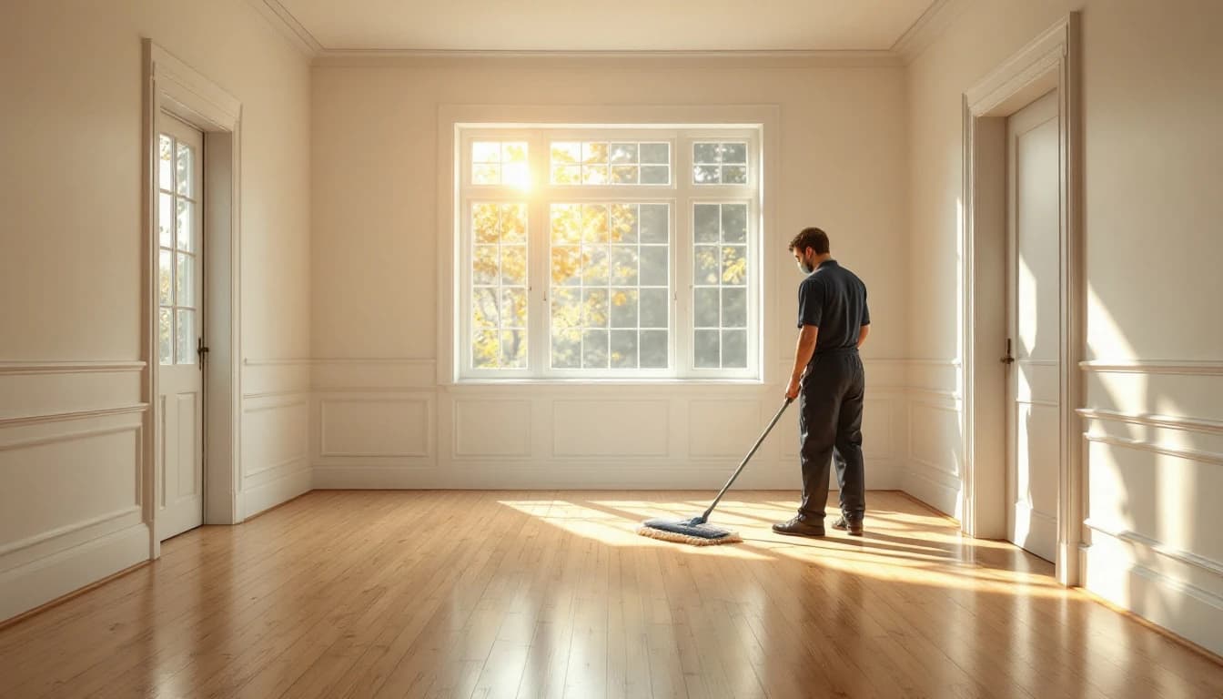 Cleaner mopping the bare hardwood floor of an empty older bungalow living room with original painted wood trim in Cleburne, TX