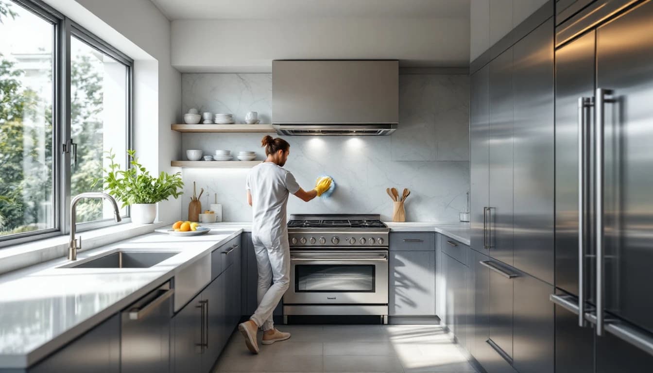 Cleaner cleaning inside an empty stainless steel oven in a vacated upscale Colleyville, TX kitchen with bare stone countertops