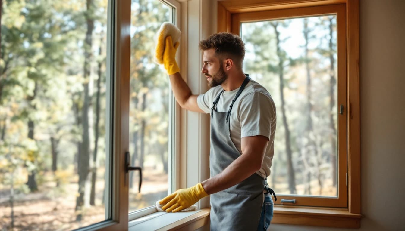 Cleaner wiping an empty picture window in a wooded acreage home in Copper Canyon, TX with trees beyond