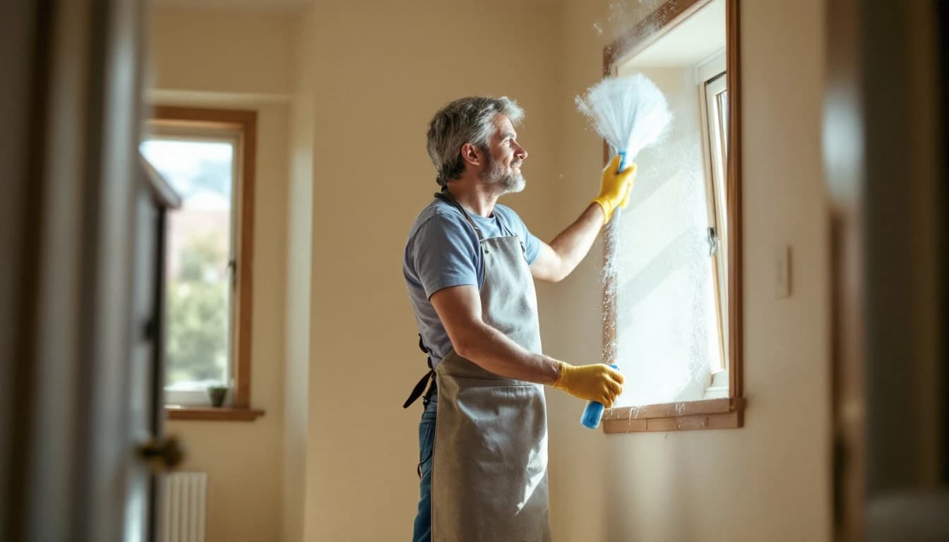 Cleaner dusting an empty upstairs landing rail and window in a suburban Corinth, TX home