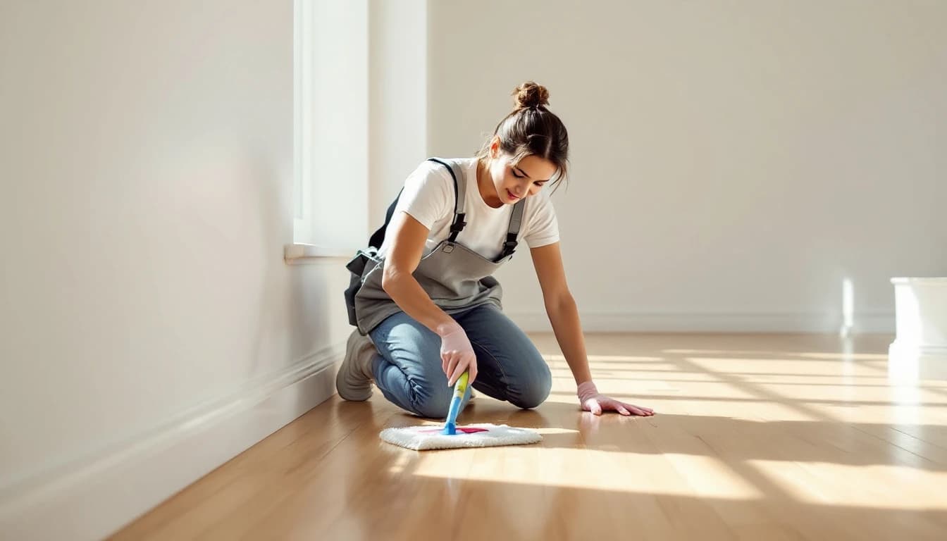 Cleaner kneeling to wipe white baseboards in a completely empty Crowley, TX living room with bare wood floors and blank walls