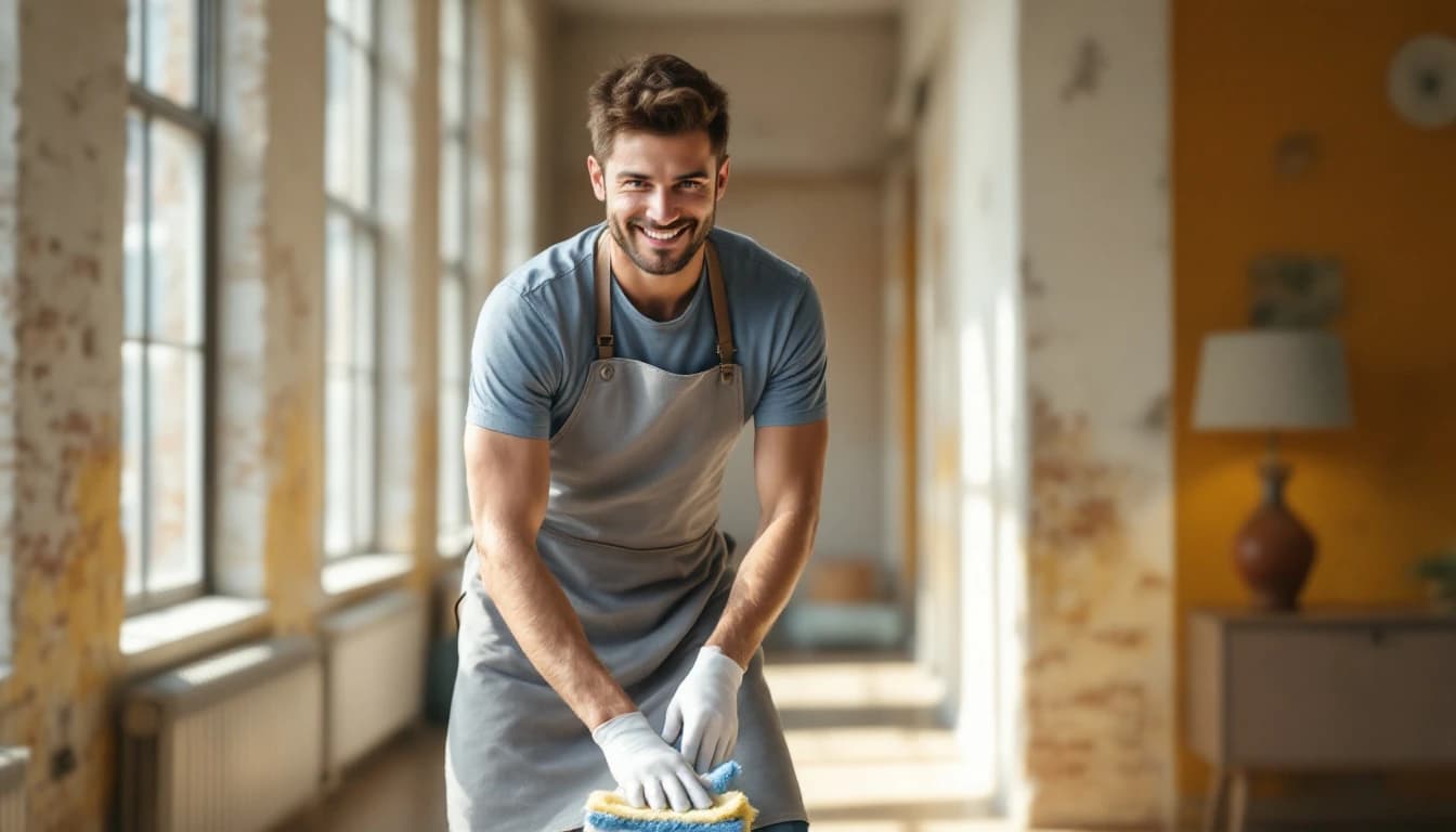 Cleaner wiping wide baseboards along an empty loft living space with tall industrial windows in Dallas, TX