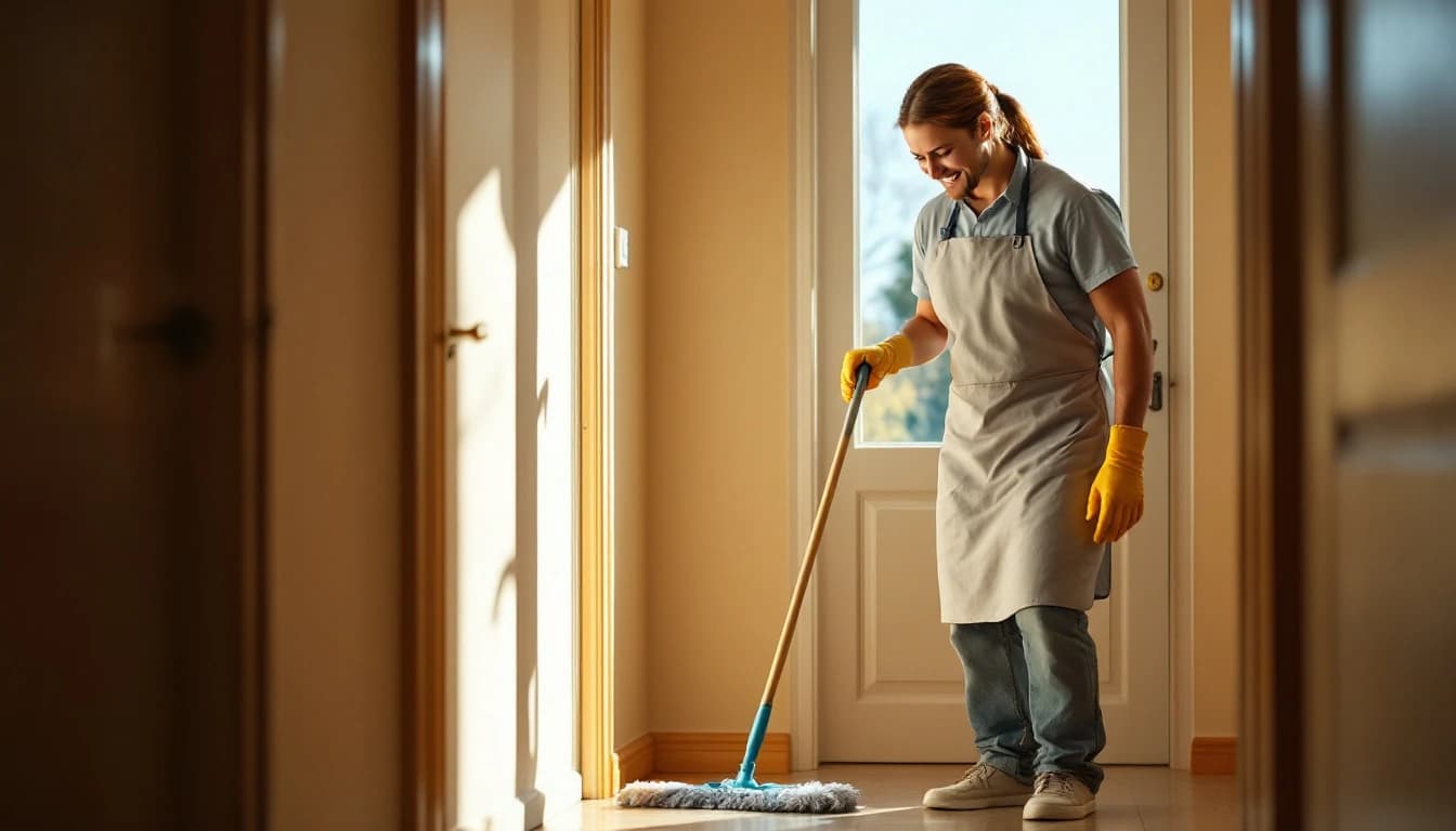 Cleaner mopping a bare tile entry hall in an empty suburban home with the front door open to daylight in DeSoto, TX