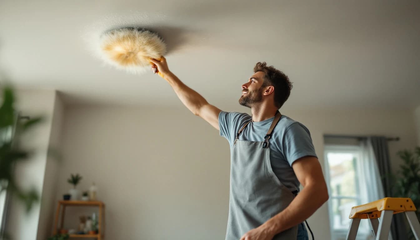 Cleaner dusting an empty living-room ceiling beam and light fixture from a step ladder in a Double Oak, TX home