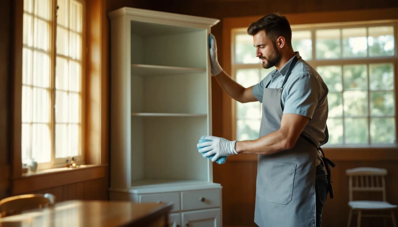 Cleaner cleaning an empty built-in china cabinet in a vacated mid-century dining room in Duncanville, TX