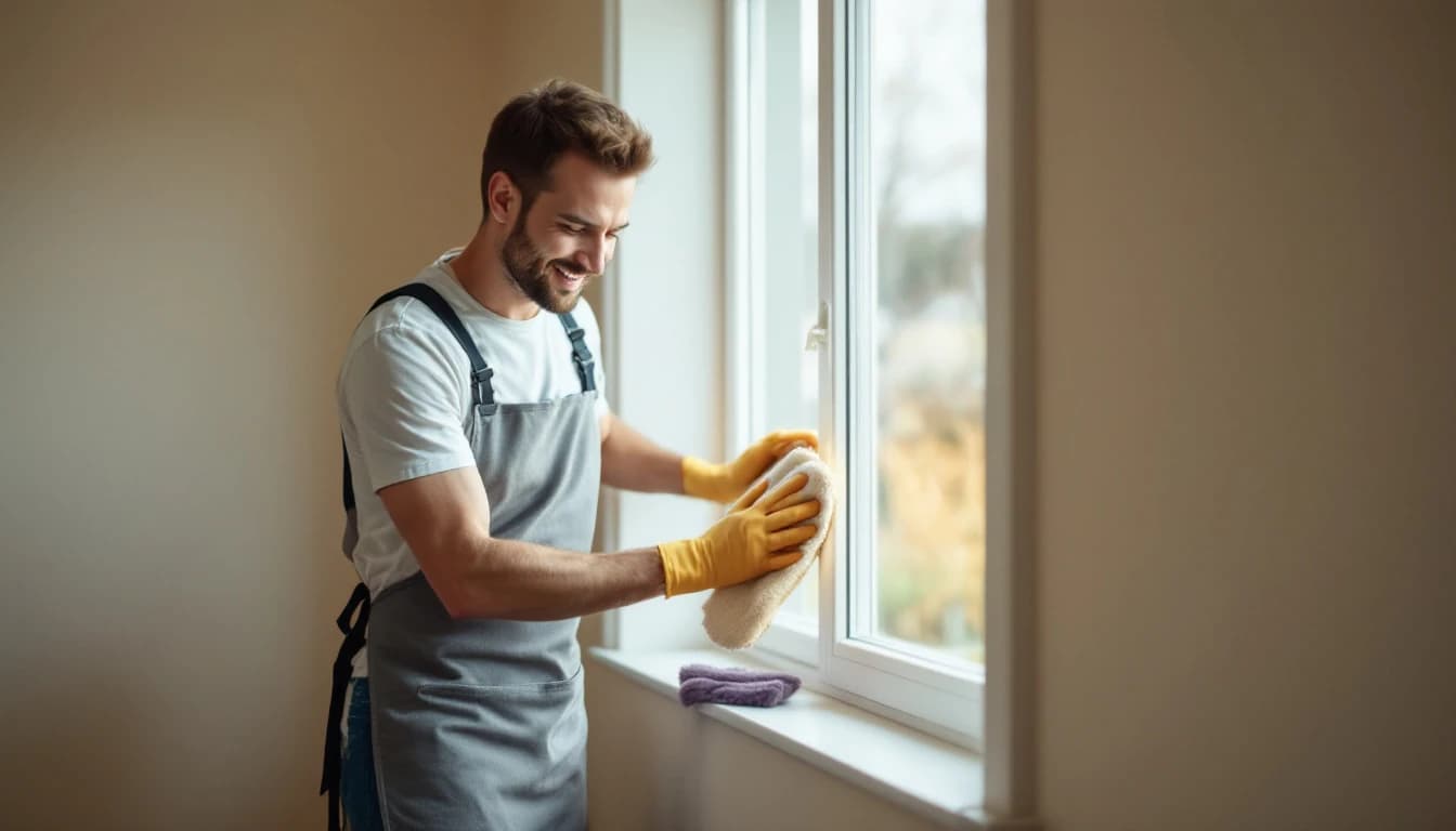 Cleaner wiping a living room window and sill in an empty small house in Ferris, TX with a bare floor and plain walls