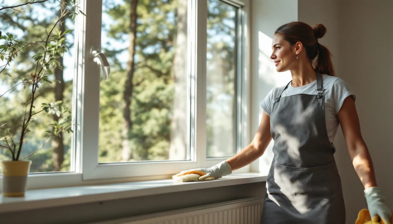Cleaner wiping a wide empty family-room window ledge with tall trees visible outside a Flower Mound, TX home