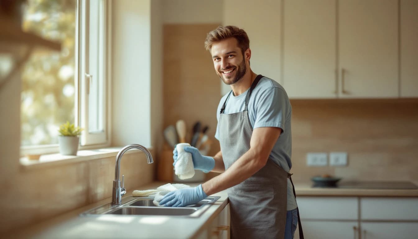 Cleaner cleaning an empty double kitchen sink and the window above it with a bare countertop in Garland, TX
