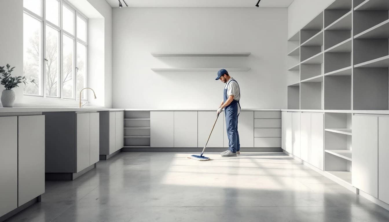 Cleaner wiping the wall and floor behind where a washer and dryer stood in an empty utility room of a Godley, TX rental