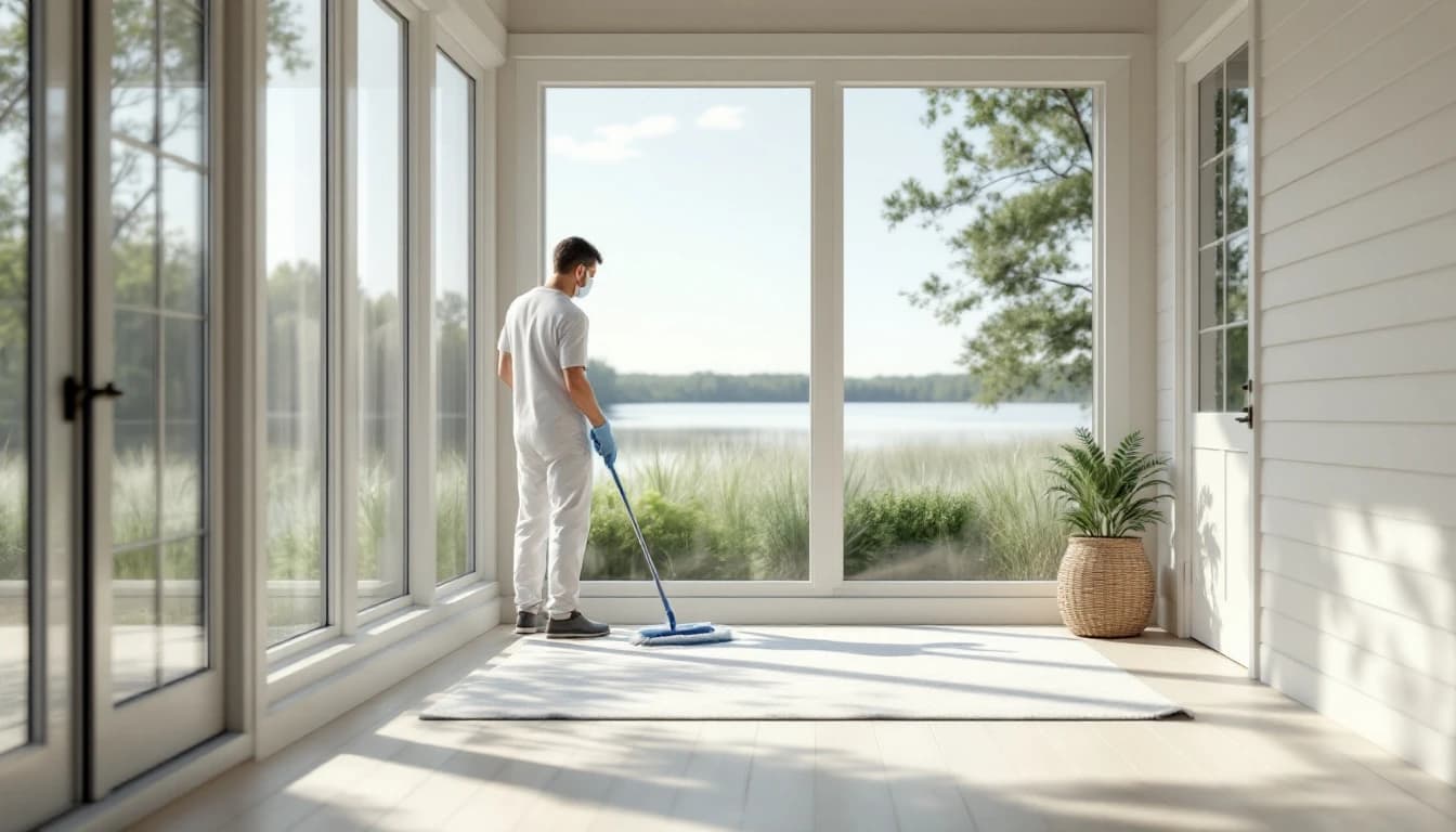 Cleaner wiping an empty screened porch and window frames at a lake cottage in Granbury, TX