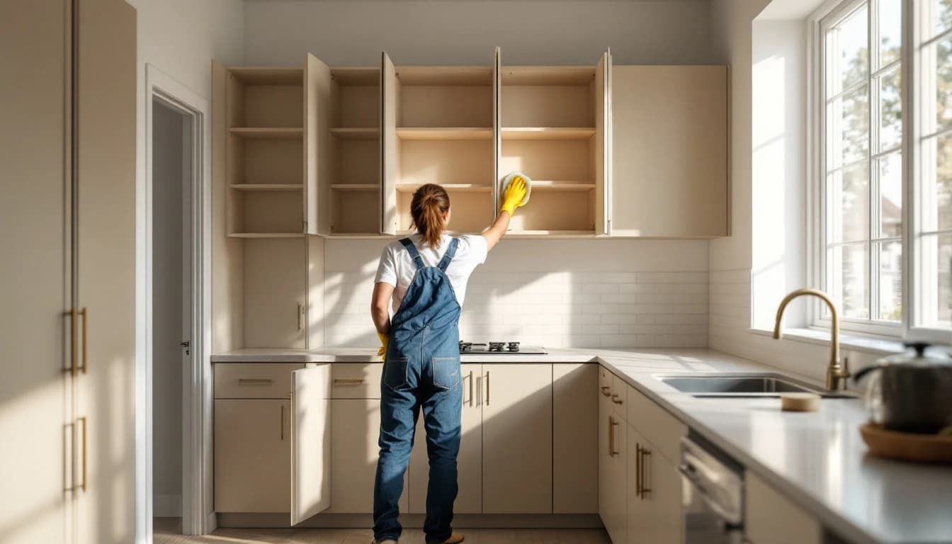 Cleaner wiping empty pantry shelves in a vacated kitchen with bare countertops in Grand Prairie, TX