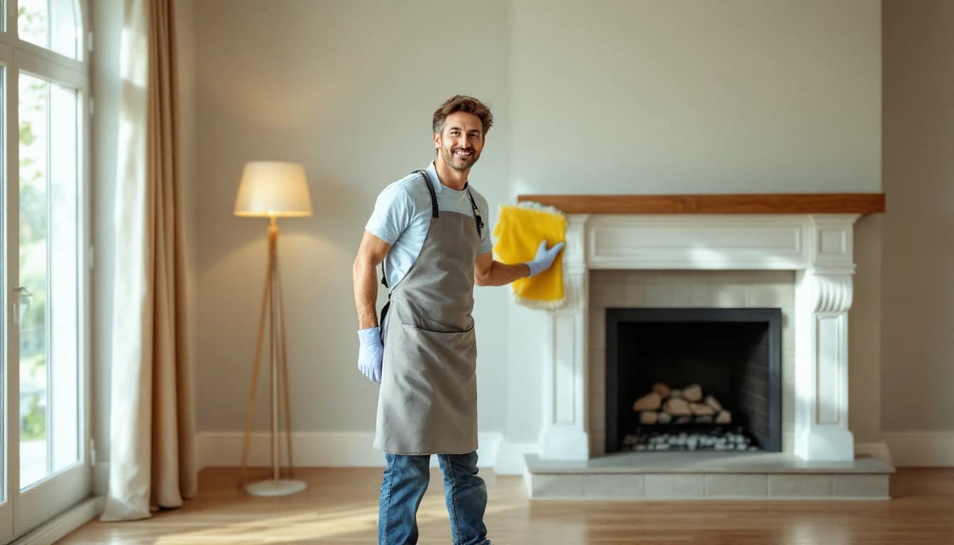 Cleaner wiping an empty fireplace mantel and hearth in a vacated living room with bare floors in Grapevine, TX