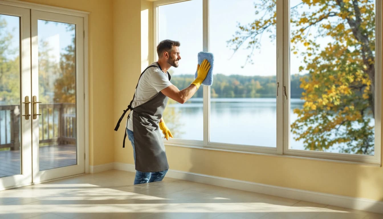 Cleaner wiping an empty sunroom window frame overlooking Lewisville Lake in a Highland Village, TX home with bare tile floor