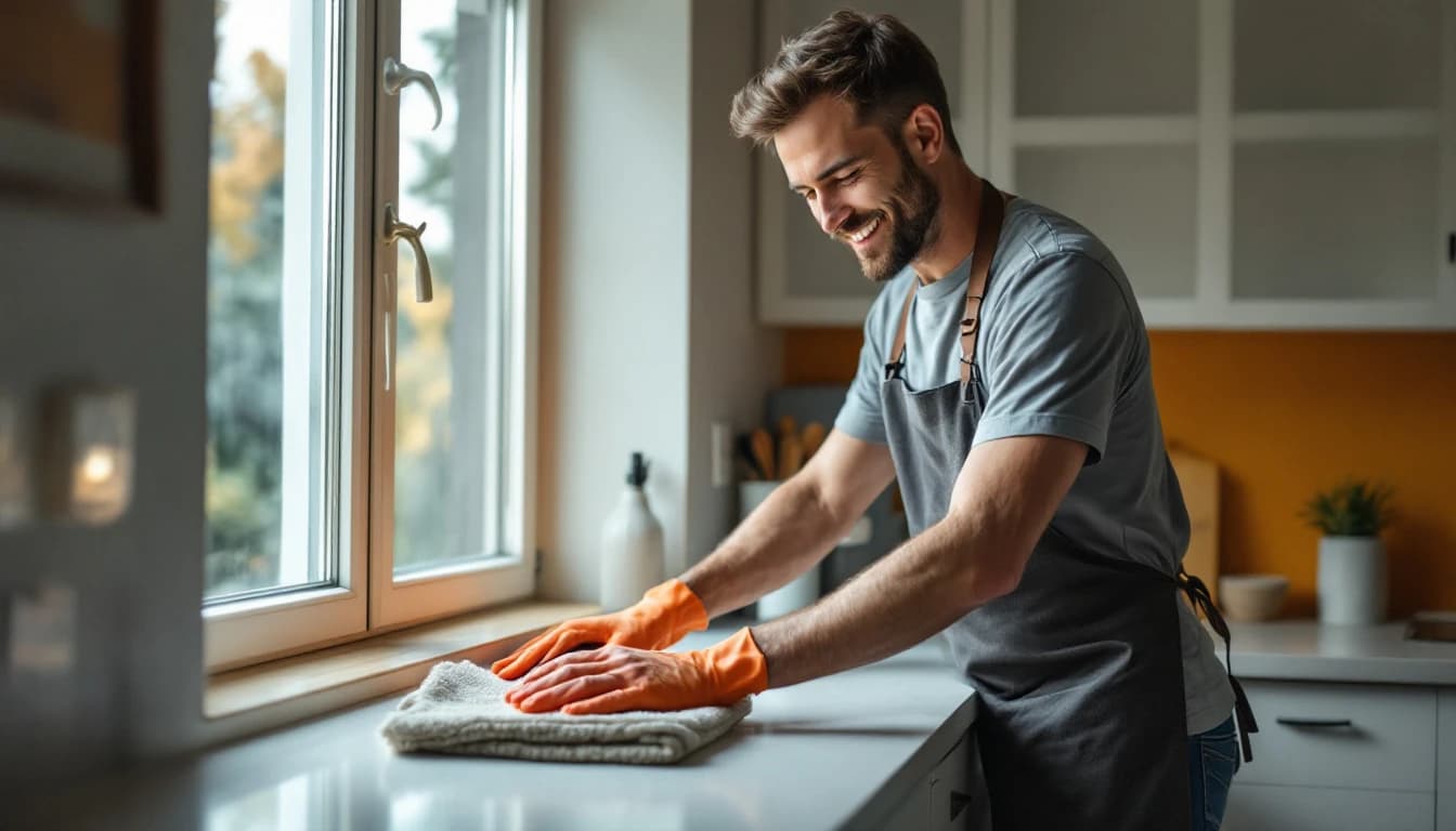 Cleaner wiping an empty kitchen window and sill in a vacated Hutchins, TX house with a bare counter