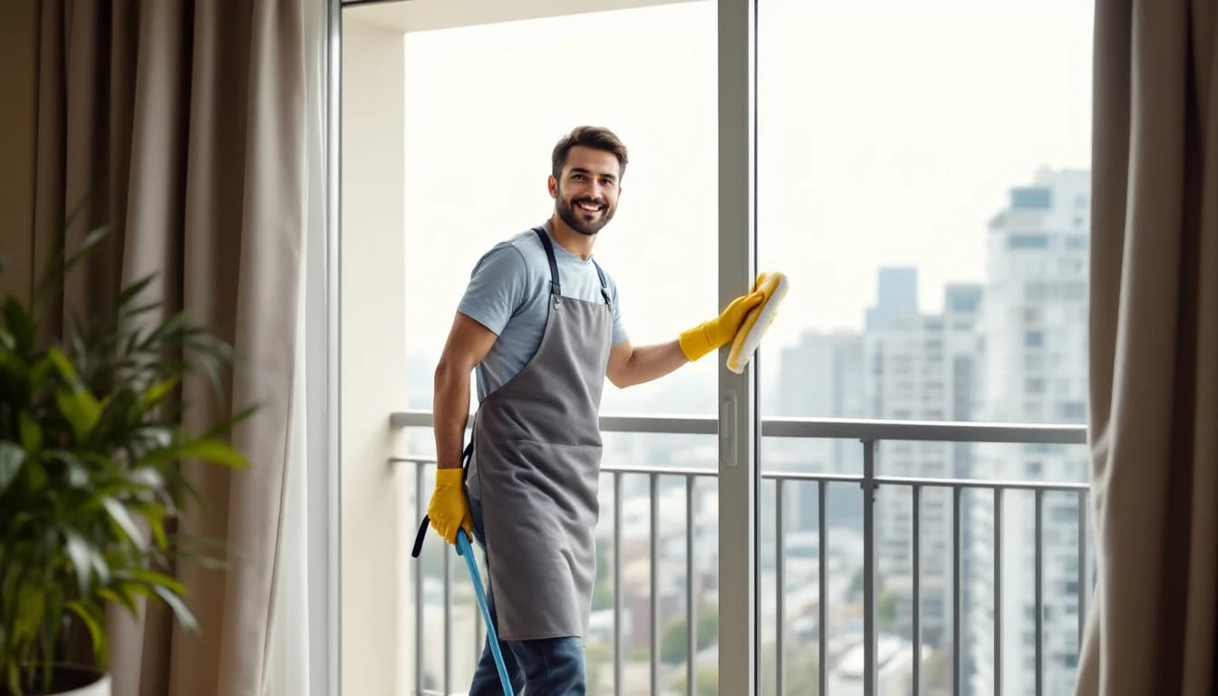 Cleaner wiping a balcony sliding door track in an empty high-rise apartment overlooking the city in Irving, TX