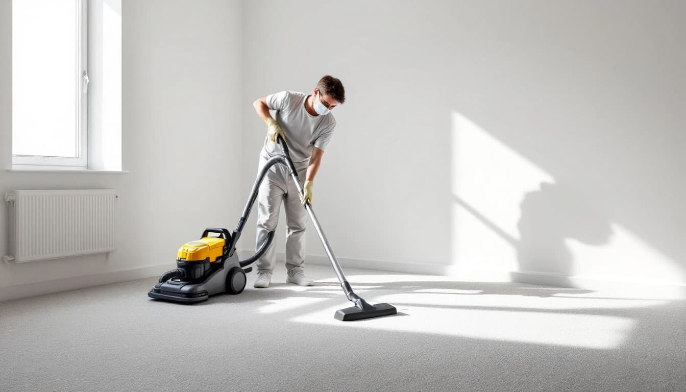 Cleaner vacuuming bare carpet in an empty starter-home bedroom in Joshua, TX with blank walls and no furniture
