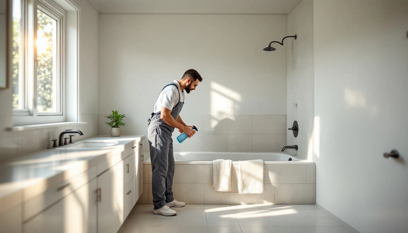 Cleaner scrubbing the tub and tile surround in an empty vacated rental bathroom in Kennedale, TX