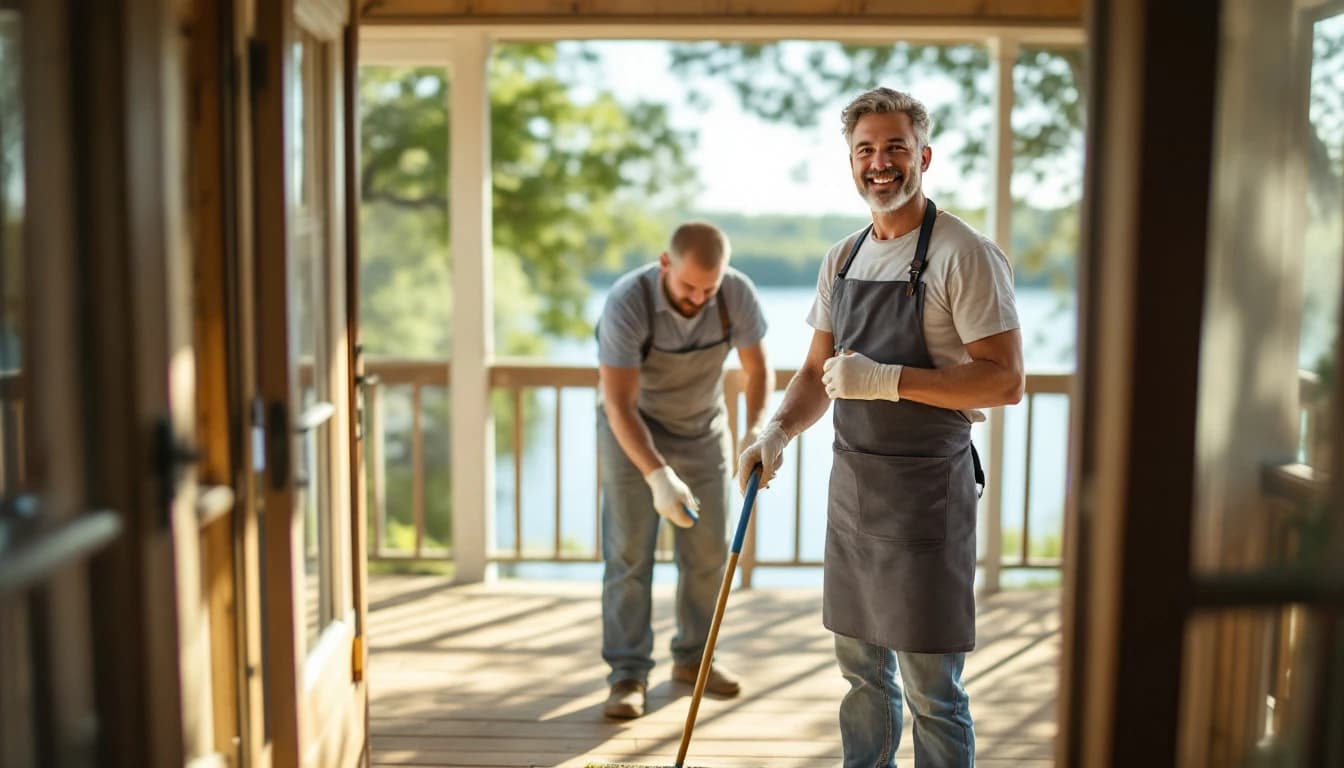 Cleaner sweeping an empty screened porch with bare boards and lake water beyond in Lake Dallas, TX