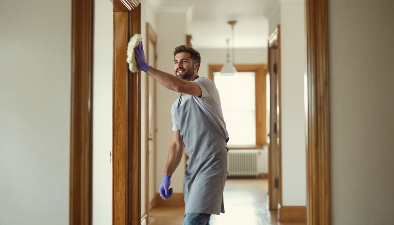 Cleaner wiping tall original wood trim and a door frame in an empty older Lancaster, TX home with bare floors