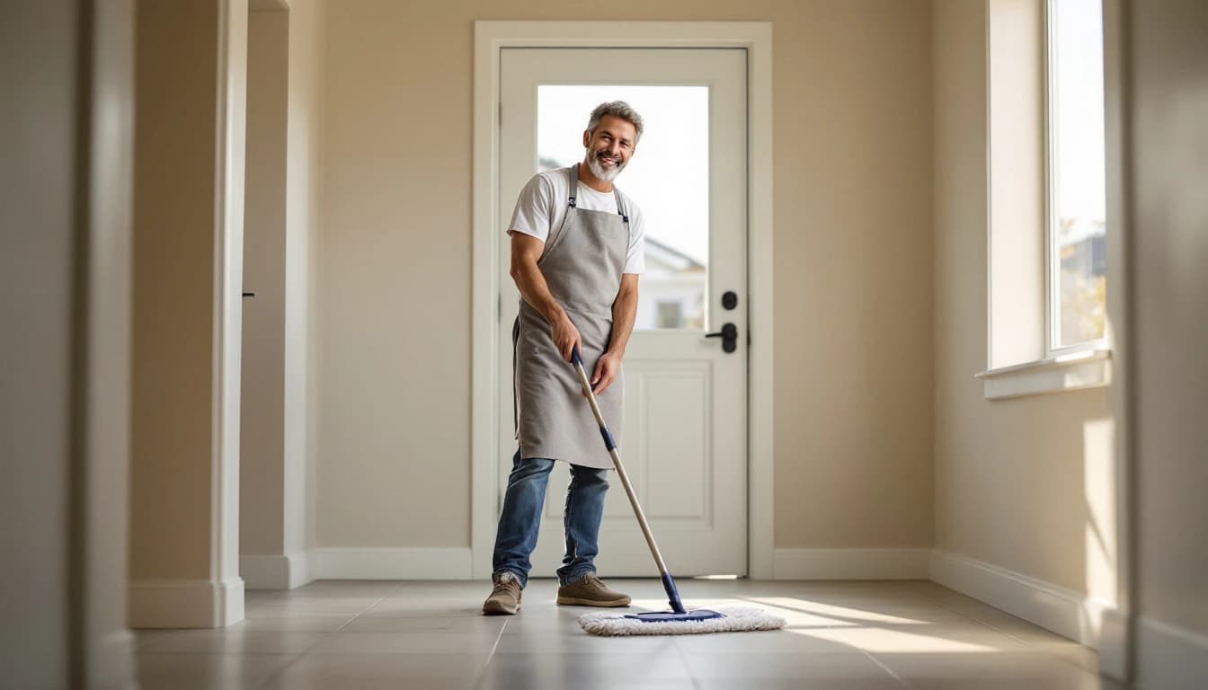 Cleaner mopping a bare entry tile floor in an empty new-build home in Little Elm, TX with the front door ajar