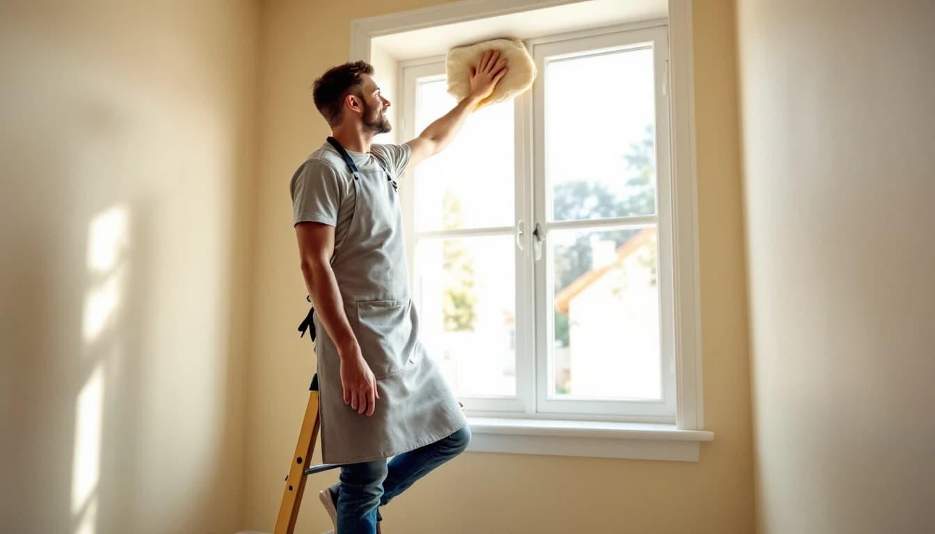 Cleaner on a step ladder wiping the ledge of a two-story entry window in an empty Midlothian, TX home with bare tile below