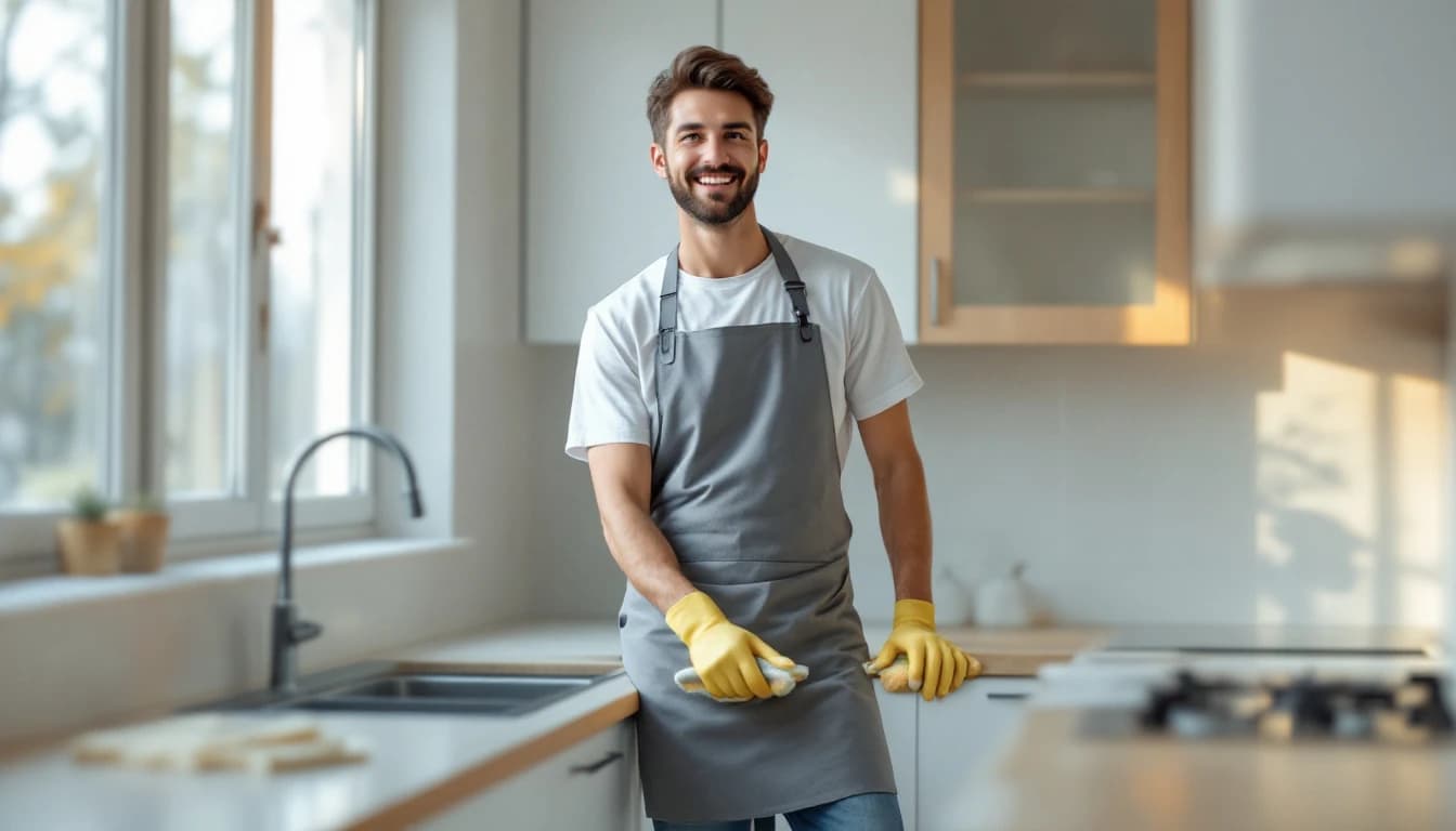 Cleaner wiping the backsplash of an empty new-build kitchen with bare counters and sunlight through large windows in Northlake, TX