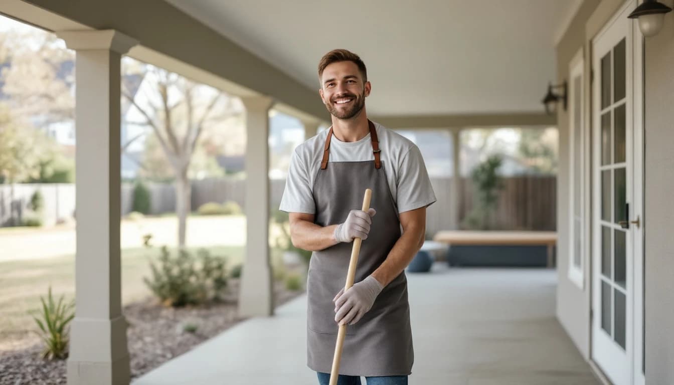 Cleaner sweeping an empty covered patio of a country-suburban Ovilla, TX home with bare concrete and an open yard