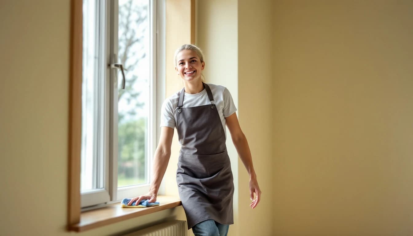 Cleaner wiping a chair rail and window sill in an empty dining room with bare hardwood in Pantego, TX