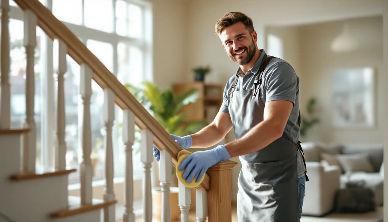 Cleaner polishing the stair rail and newel post of an empty two-story great room in a Plano, TX home