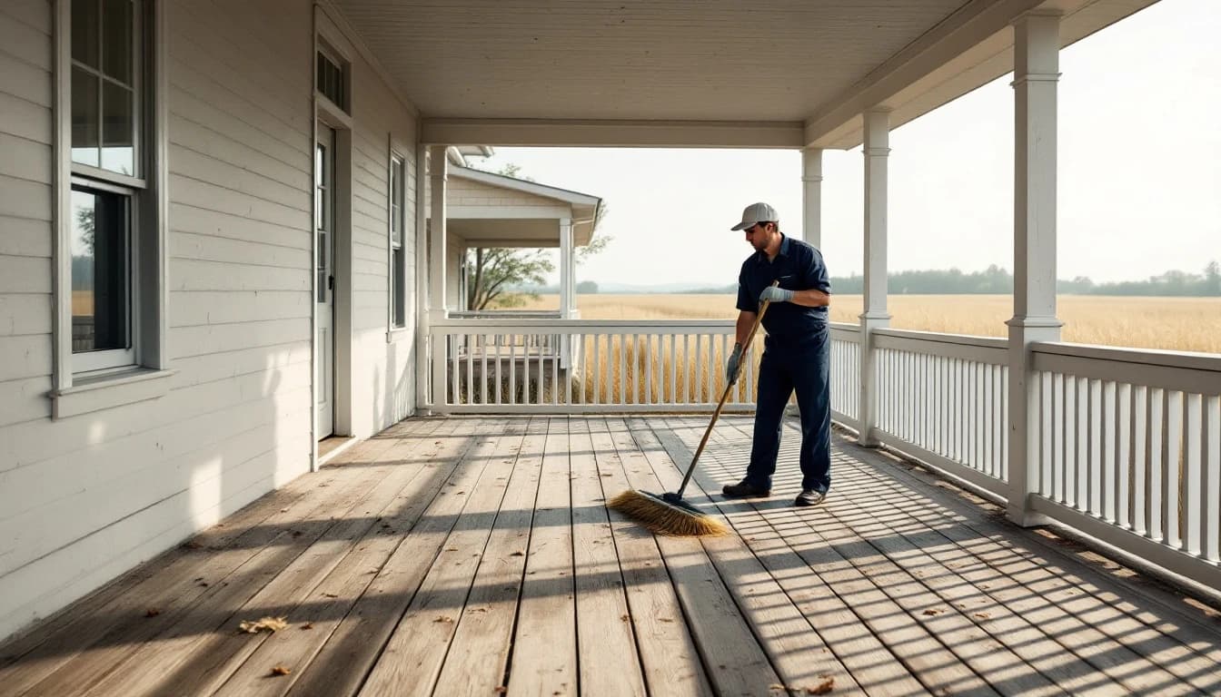 Cleaner sweeping the cleared covered back porch of an empty country house in Rendon, TX
