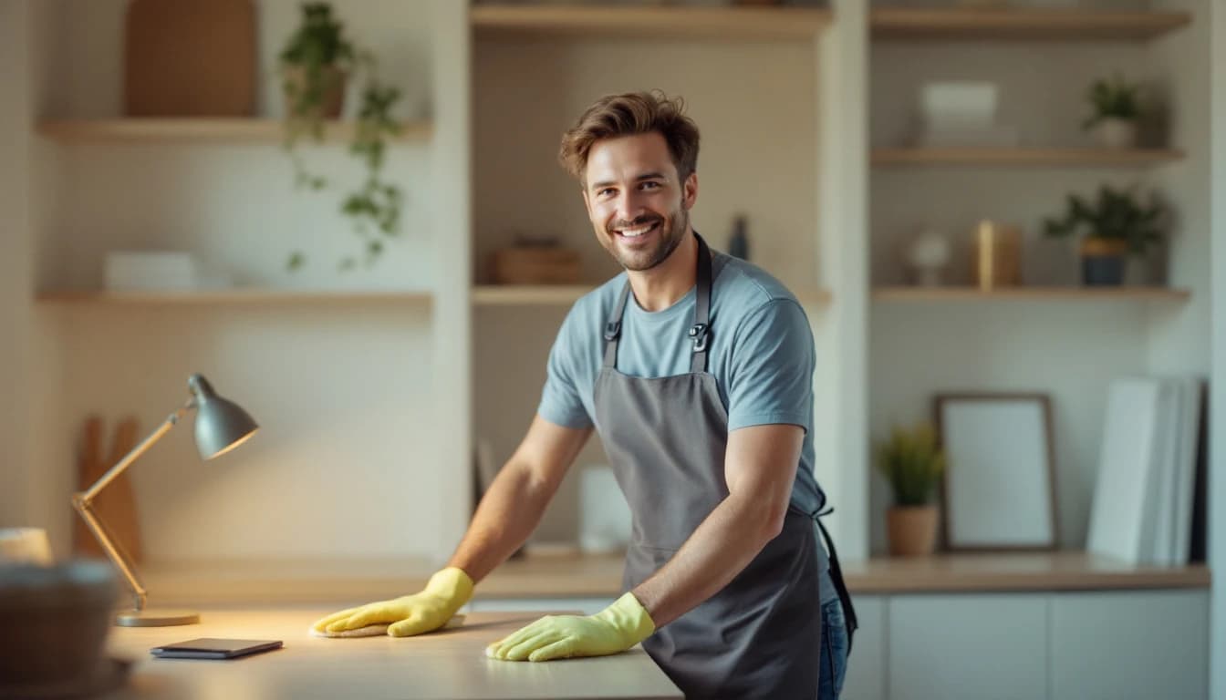 Cleaner wiping an empty home-office built-in desk and shelving with bare surfaces in Richardson, TX