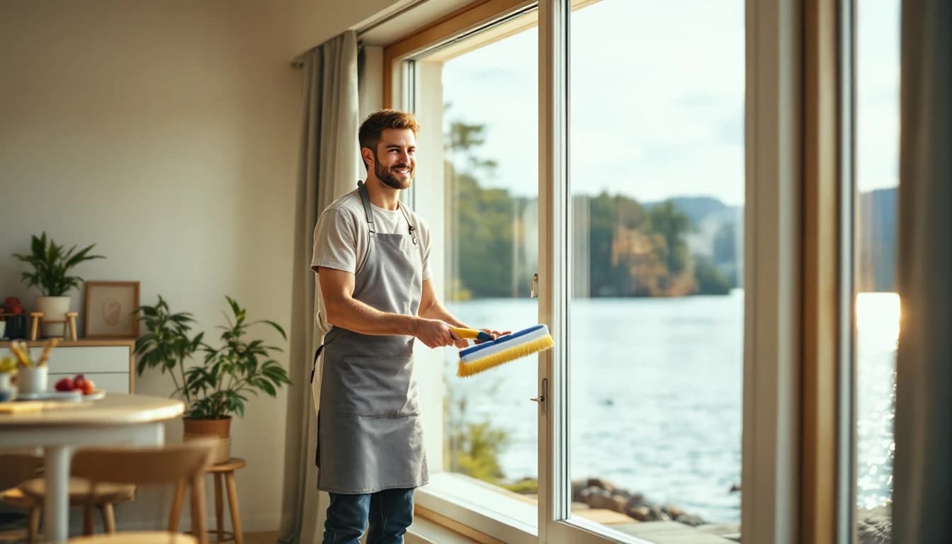 Cleaner squeegeeing a large empty lakeside window wall with Lake Ray Hubbard water visible beyond and bare floors inside, in Rowlett, TX