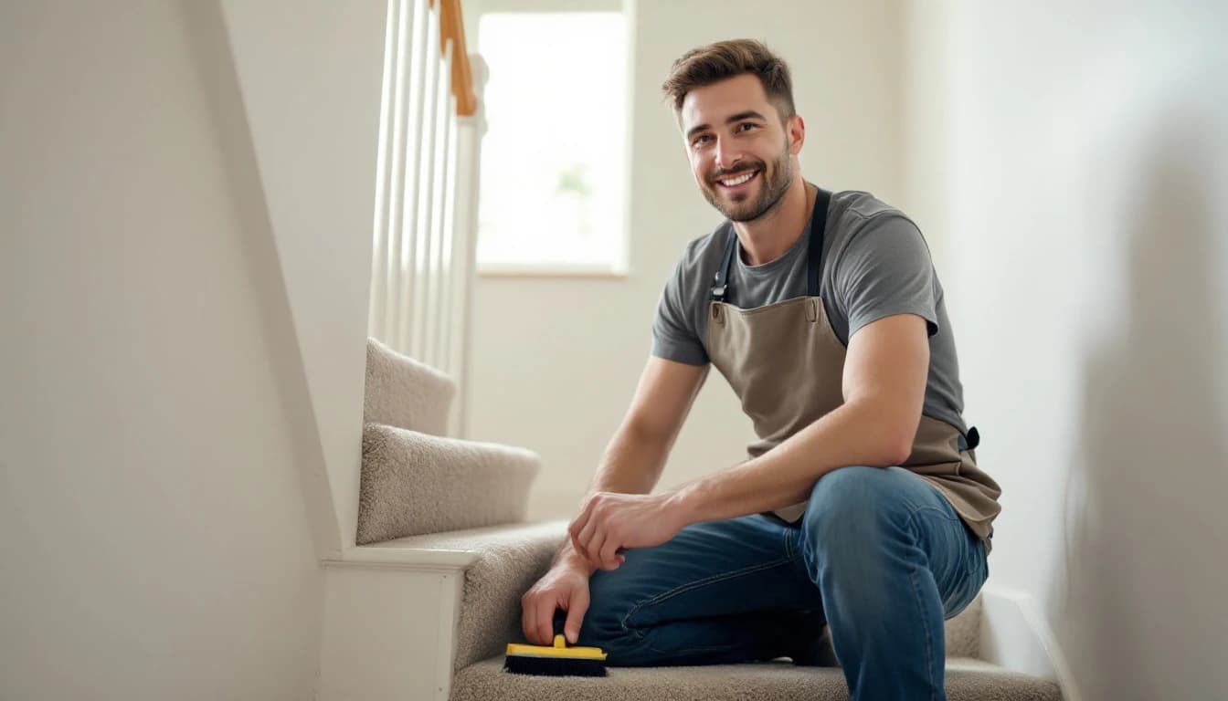 Cleaner vacuuming bare carpeted stair treads in an empty two-story home in Sansom Park, TX