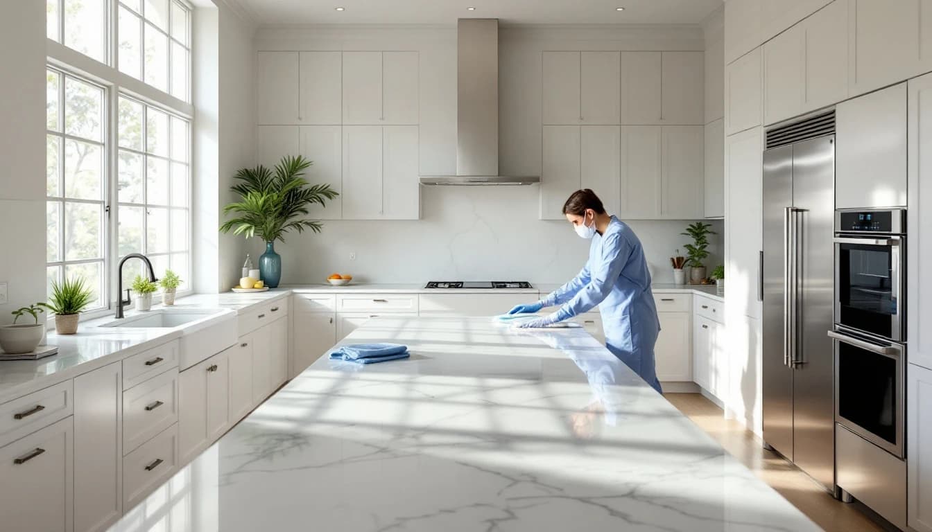 Cleaner polishing an empty kitchen island and stainless appliance fronts in a vacated luxury home in Southlake, TX
