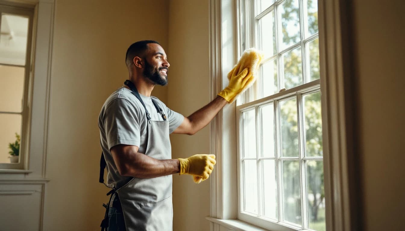 Cleaner wiping tall original Victorian window trim and sash in an empty historic home in Waxahachie, TX