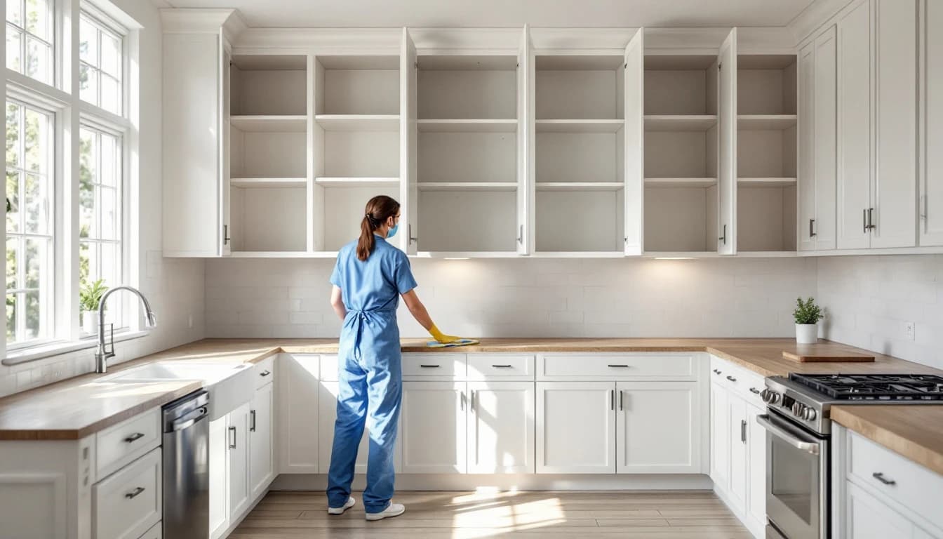 Cleaner wiping the interior of an empty open kitchen cabinet in a vacated farmhouse-style Weatherford, TX kitchen