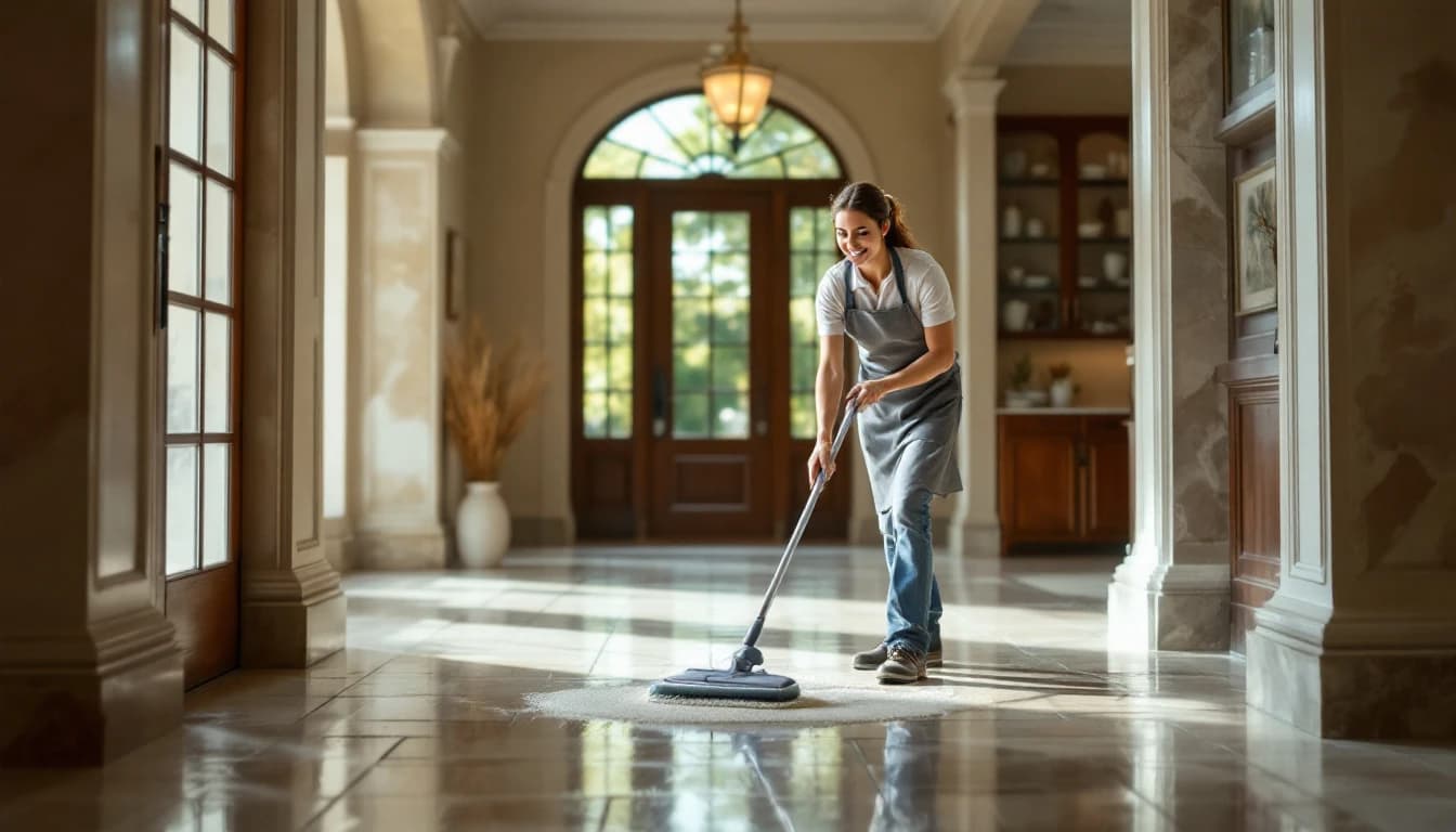Cleaner polishing a wide stone entry floor in a large empty estate foyer with tall ceilings in Westlake, TX