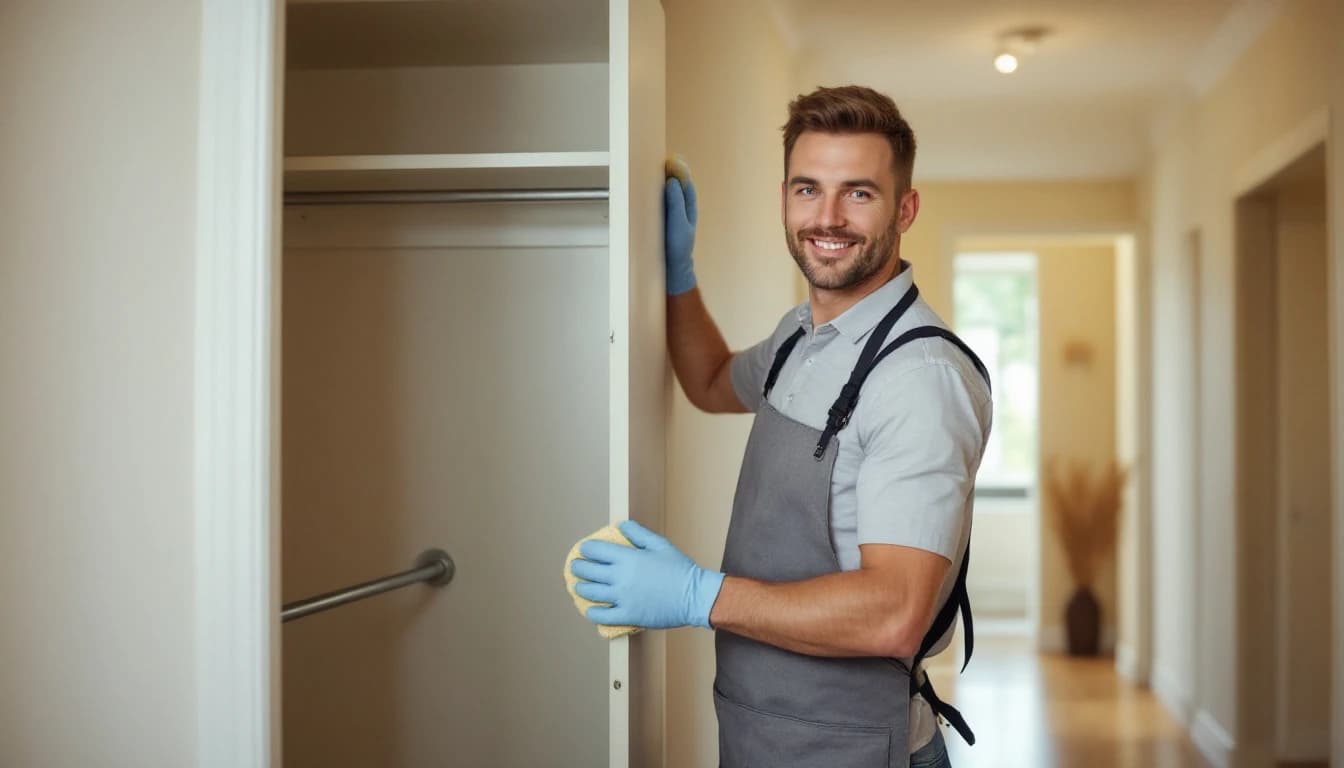 Cleaner wiping the inside of an empty coat closet with a bare rod and shelf in a Westworth Village, TX rental