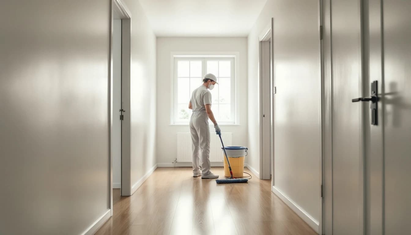 Cleaner wiping baseboards and door frames in an empty single-story rental hallway in White Settlement, TX